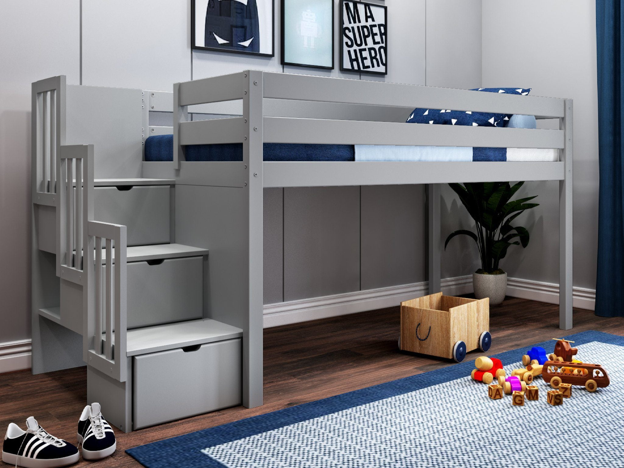 Jackpot! Contemporary Low Loft Twin Bed With Stairway Loft Bed Gray ... for Loft Twin Bed With Stairs