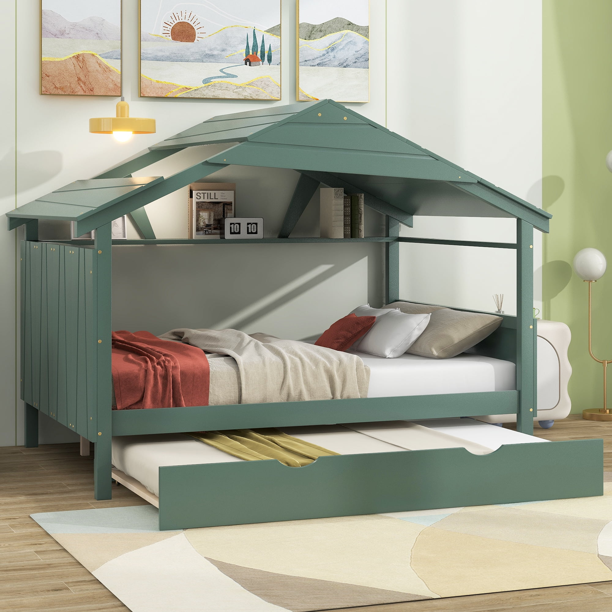 Kidkapers Green Full House Bed With Trundle: Storage Shelf, Roof ... throughout Everything you need to know about childrens bed configurations with storage