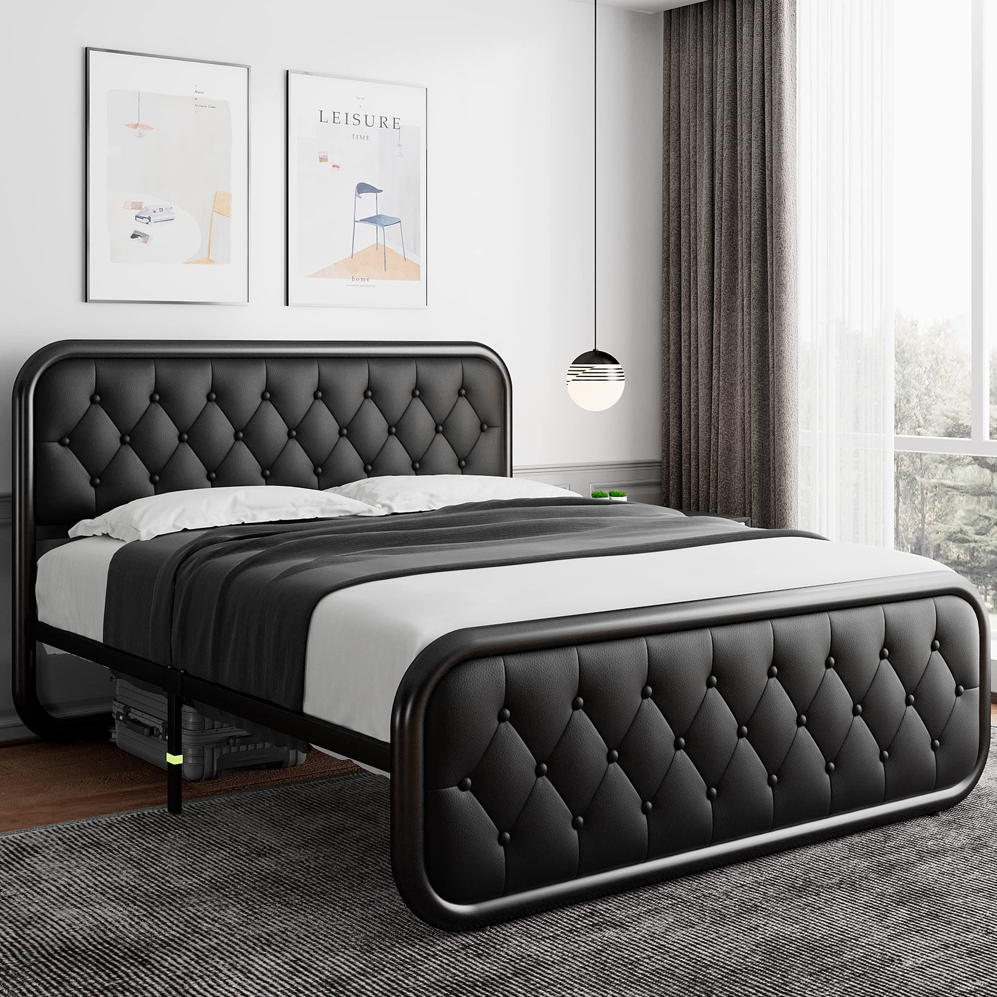 King Size Metal Bed Frame With Leather Headboard, Heavy-Duty Platform ... with regard to How to choose the right king heavy duty bed frame for your bedroom setup