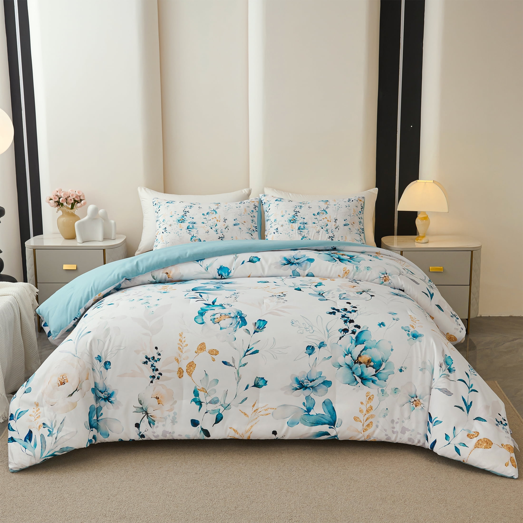 Koniroom 3 Pieces Floral Comforter Set Queen Size, Reversible Blue And ... in Blue And White Floral Bedspread