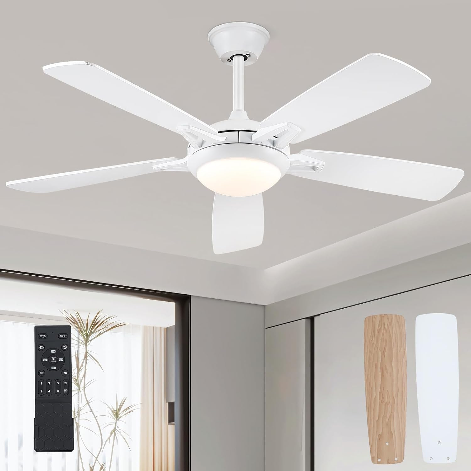 Kviflon 52 Inch Ceiling Fans With Lights And Remote, Modern Indoor ... regarding White Ceiling Fan With Light For Bedroom