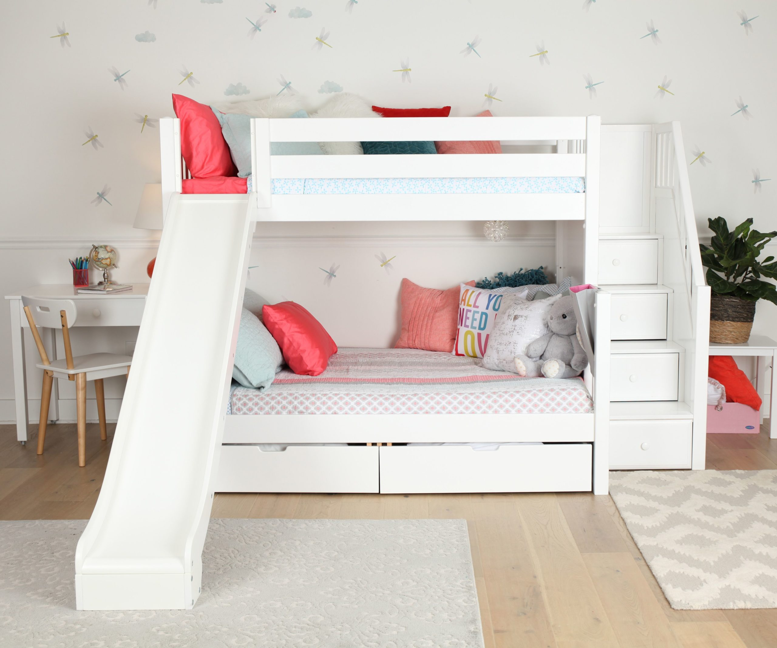 Maxtrix Twin Over Full Staircase Bunk Bed With Slide (White, Natural ... intended for Creating Playful Sleeping Solutions for Families