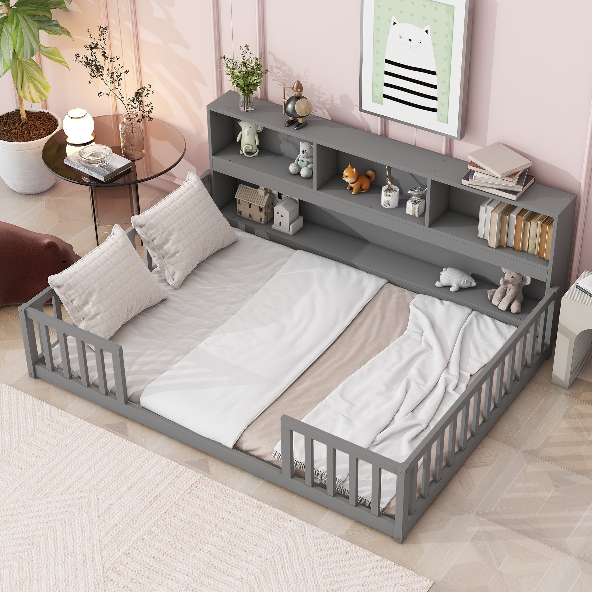 Miniyam Full Size Floor Bed With Bedside Bookcase & Guardrails For Kids ... with Comparing Traditional and Contemporary Full Size Floor Bed Solutions with Rails