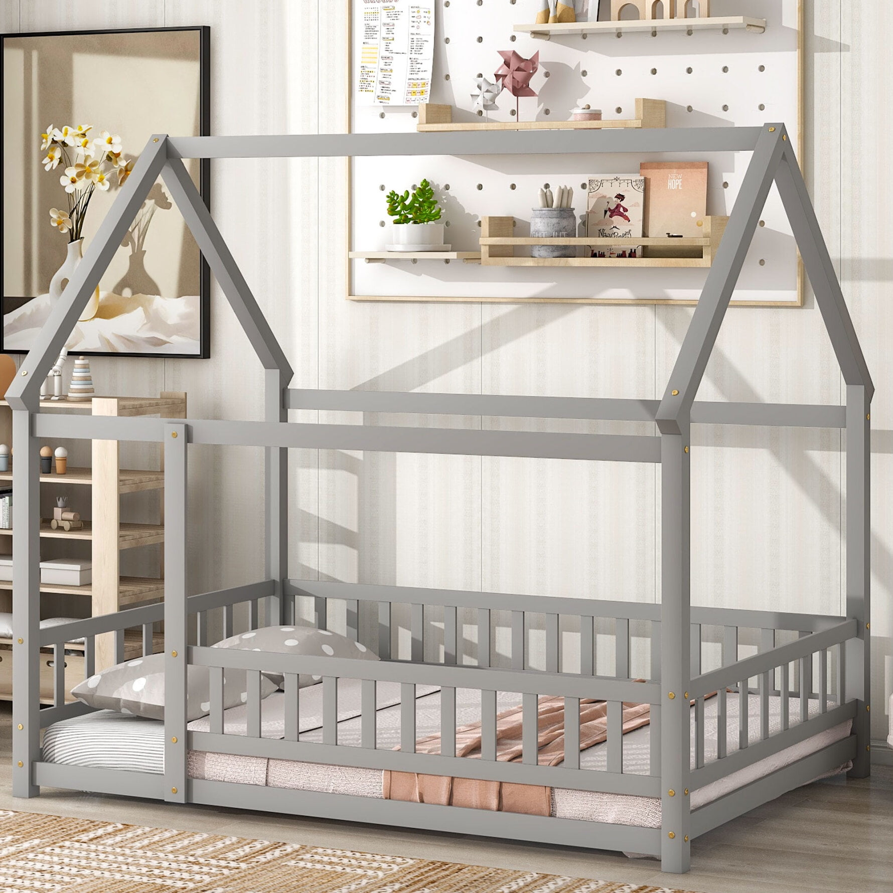 Montessori Floor Bed, Wood Full House Bed With Roof And Fence-Shaped ... with Comparing Traditional and Contemporary Full Size Floor Bed Solutions with Rails