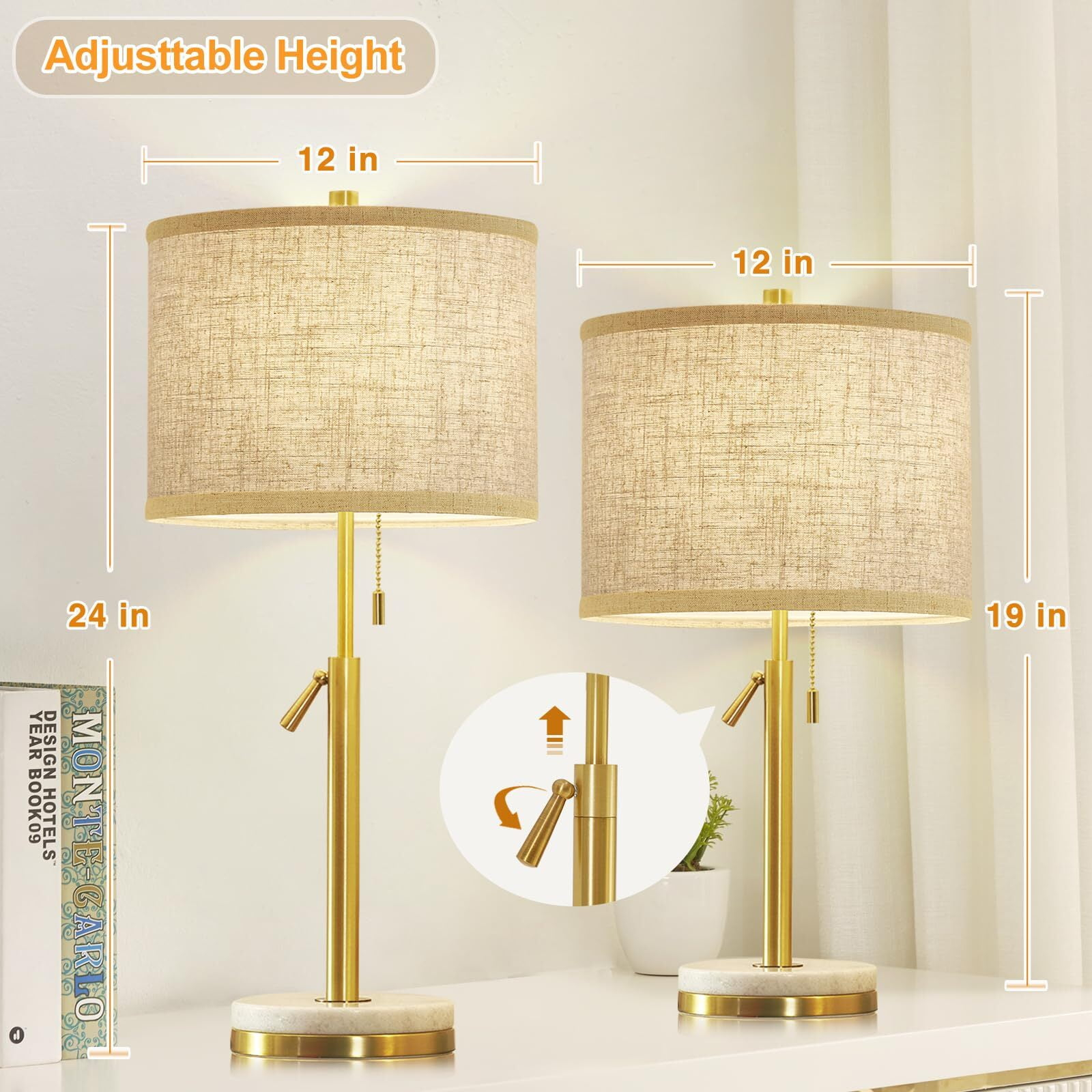 Natyswan Table Lamps, Adjustable Height Bedside Marble Table Lamps With ... in Bedside Lamp With Pull Chain