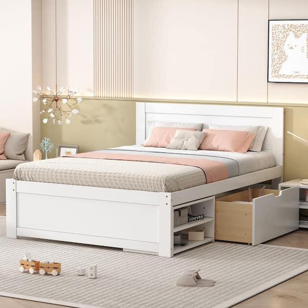 Nestfair White Wood Frame Full Size Platform Bed With Drawer And 2 ... within Understanding storage options in modern white full bed frames