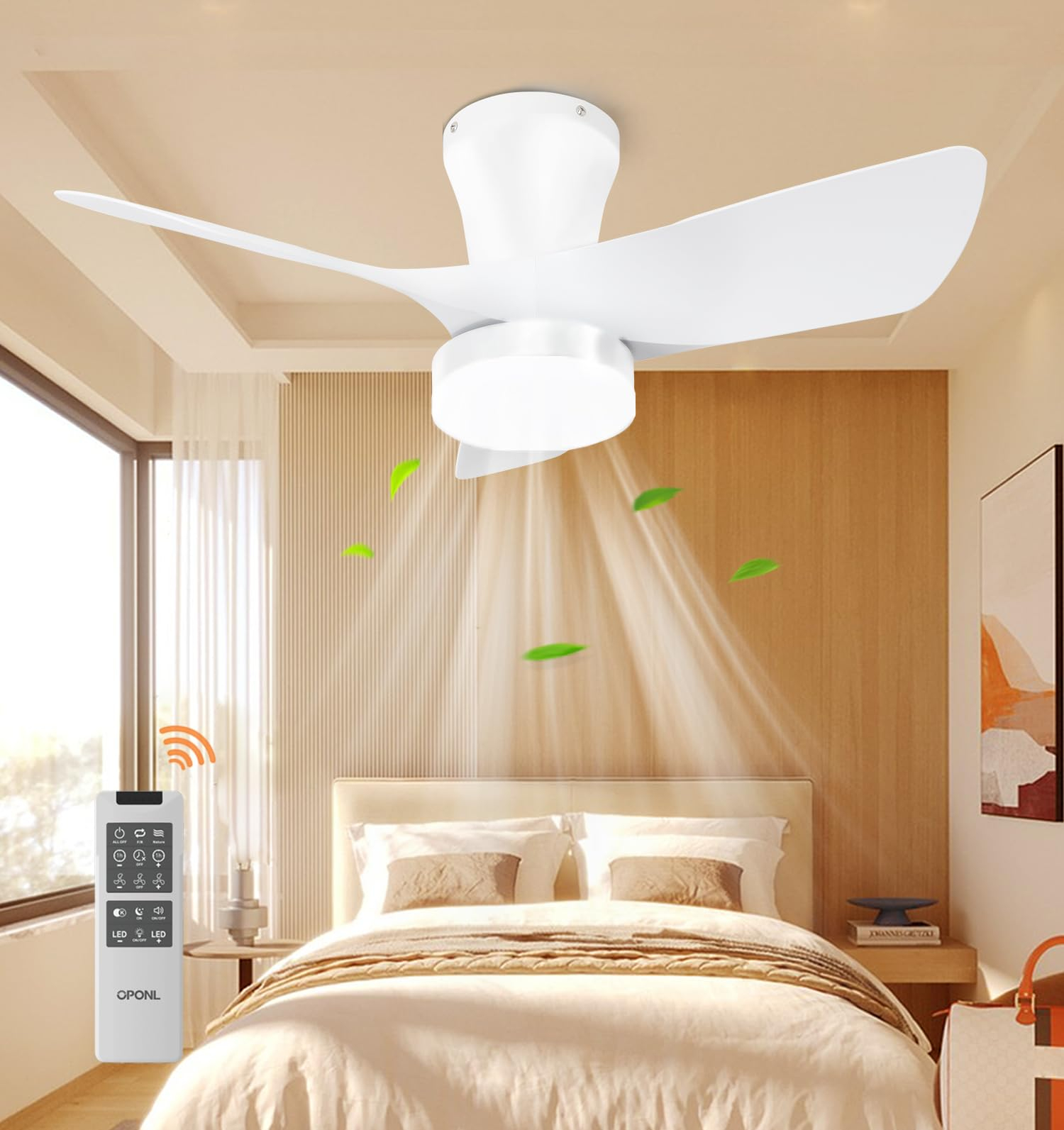 Oponl White Ceiling Fan With Light 30Inch, Large Air Volume, Ceiling ... within White Ceiling Fan With Light For Bedroom