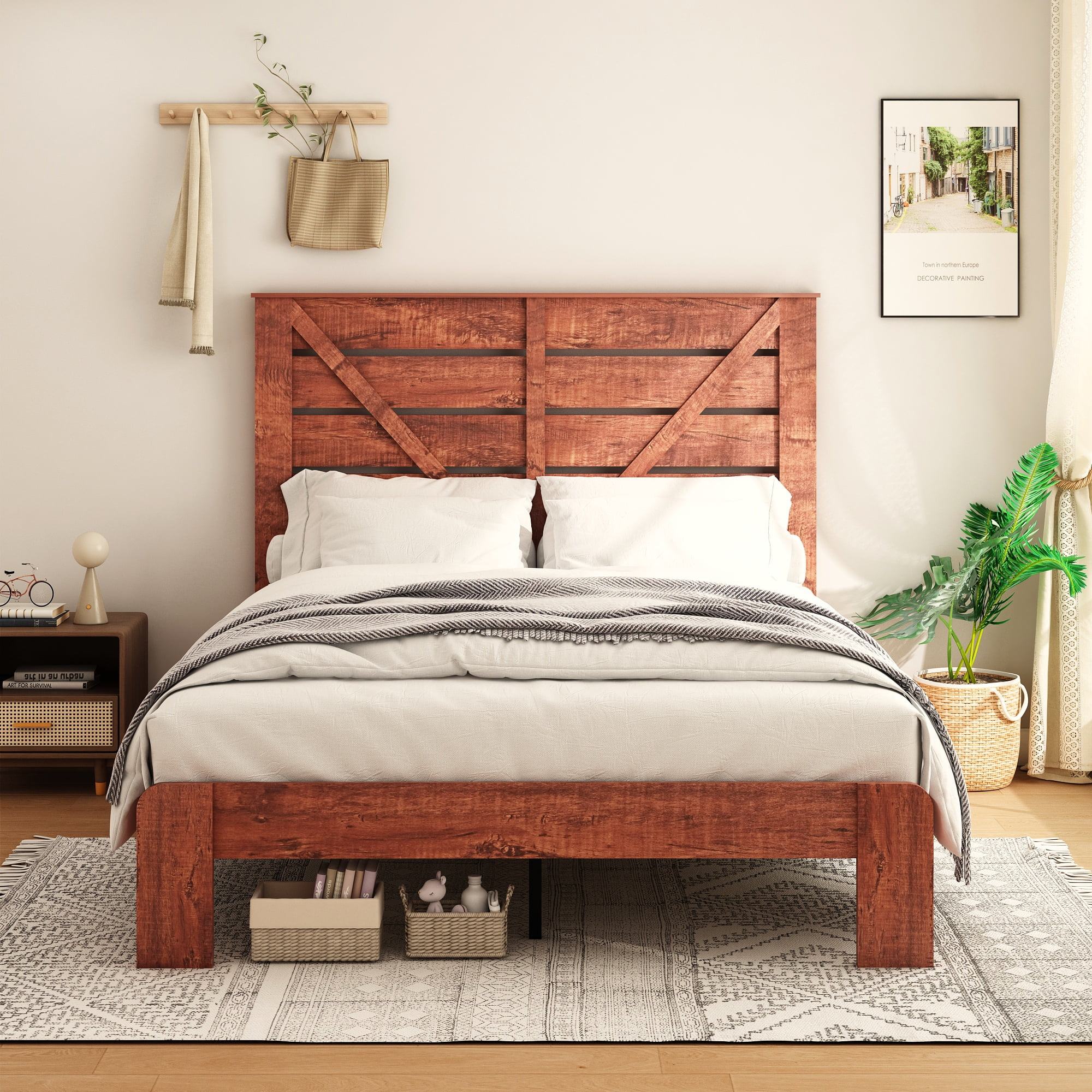 Paproos Queen Size Wood Bed Frame, Heavy Duty Wood Platform Bed With ... intended for Rustic Wood Queen Bed Frame