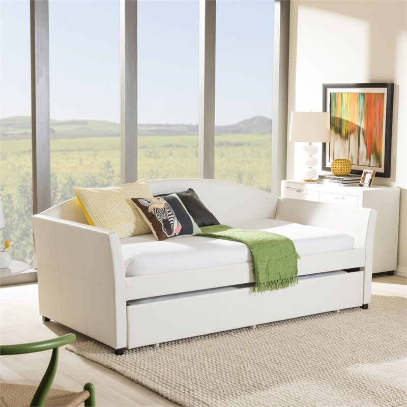 Pemberly Row Faux Leather Twin Daybed With Trundle In White - Pr-4753 ... for Design Tips for Incorporating White Twin Daybeds with Trundle into Modern Bedrooms