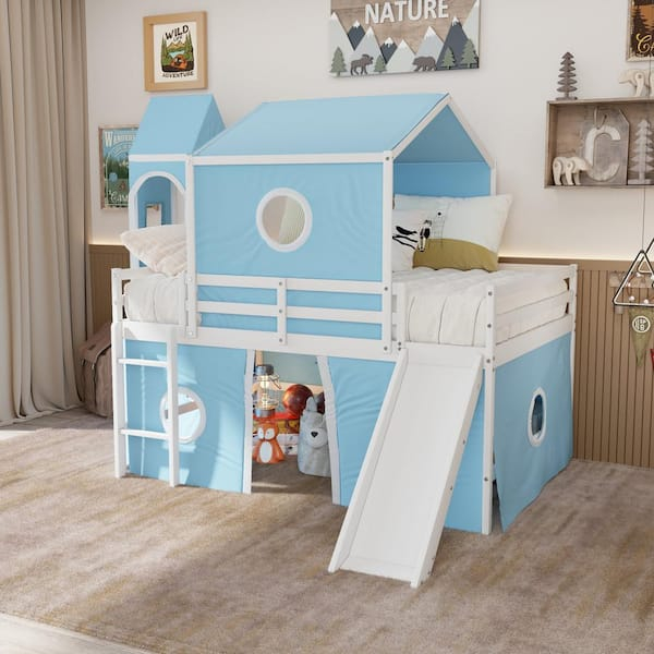 Polibi Blue Full Size Loft Bed With Slide Pink Tent And Tower Rs ... pertaining to Transforming Bedroom Layouts Using Loft Beds That Include Slides and Tents