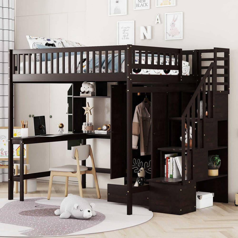 Polibi Full Size Loft Bed With Bookshelf, Drawers, Desk, And Wardrobe ... for Full Size Bed And Desk