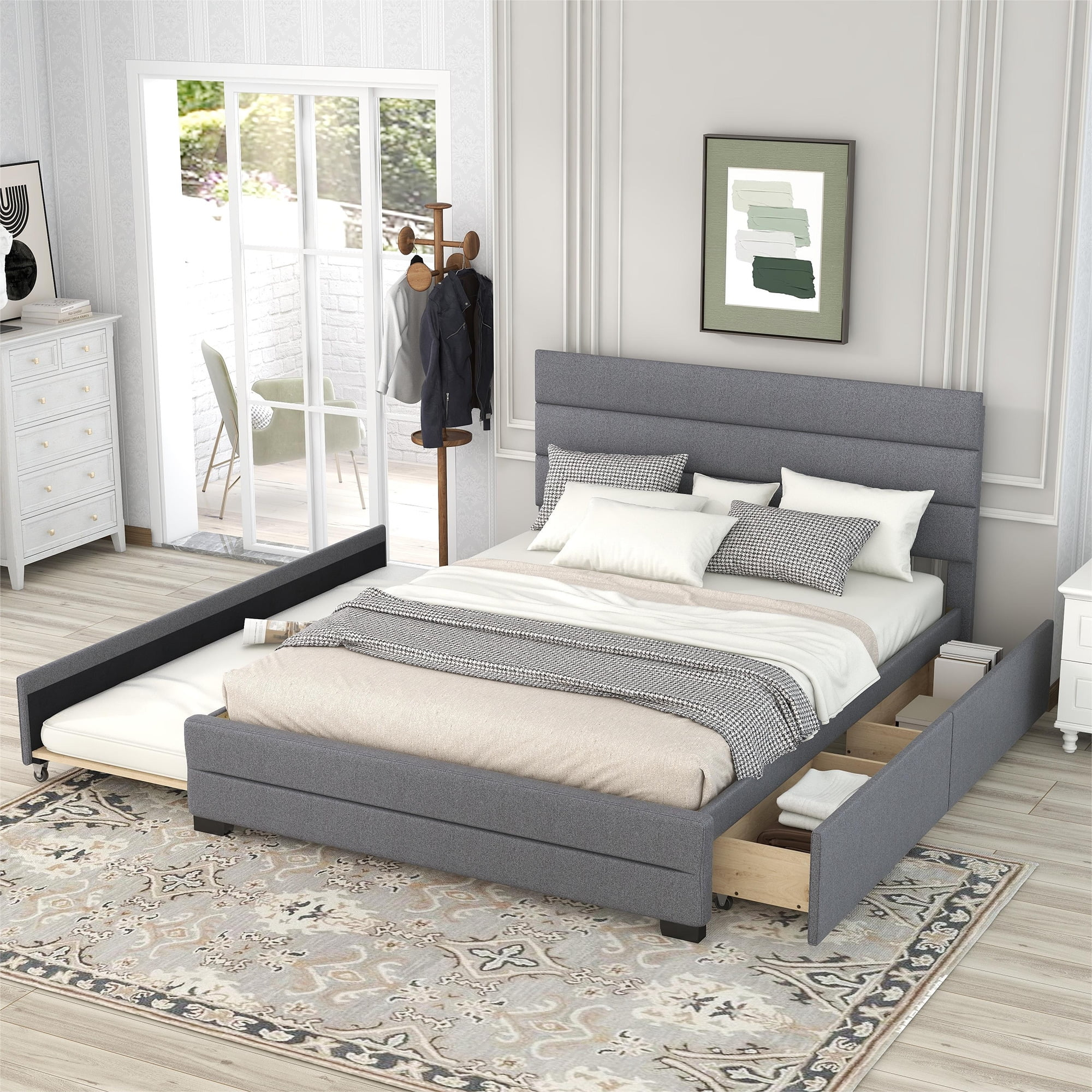 Queen Size Platform Bed, Linen Upholstered Platform Bed Frame With Pull ... in Choosing the right queen size bed with trundle for your home layout