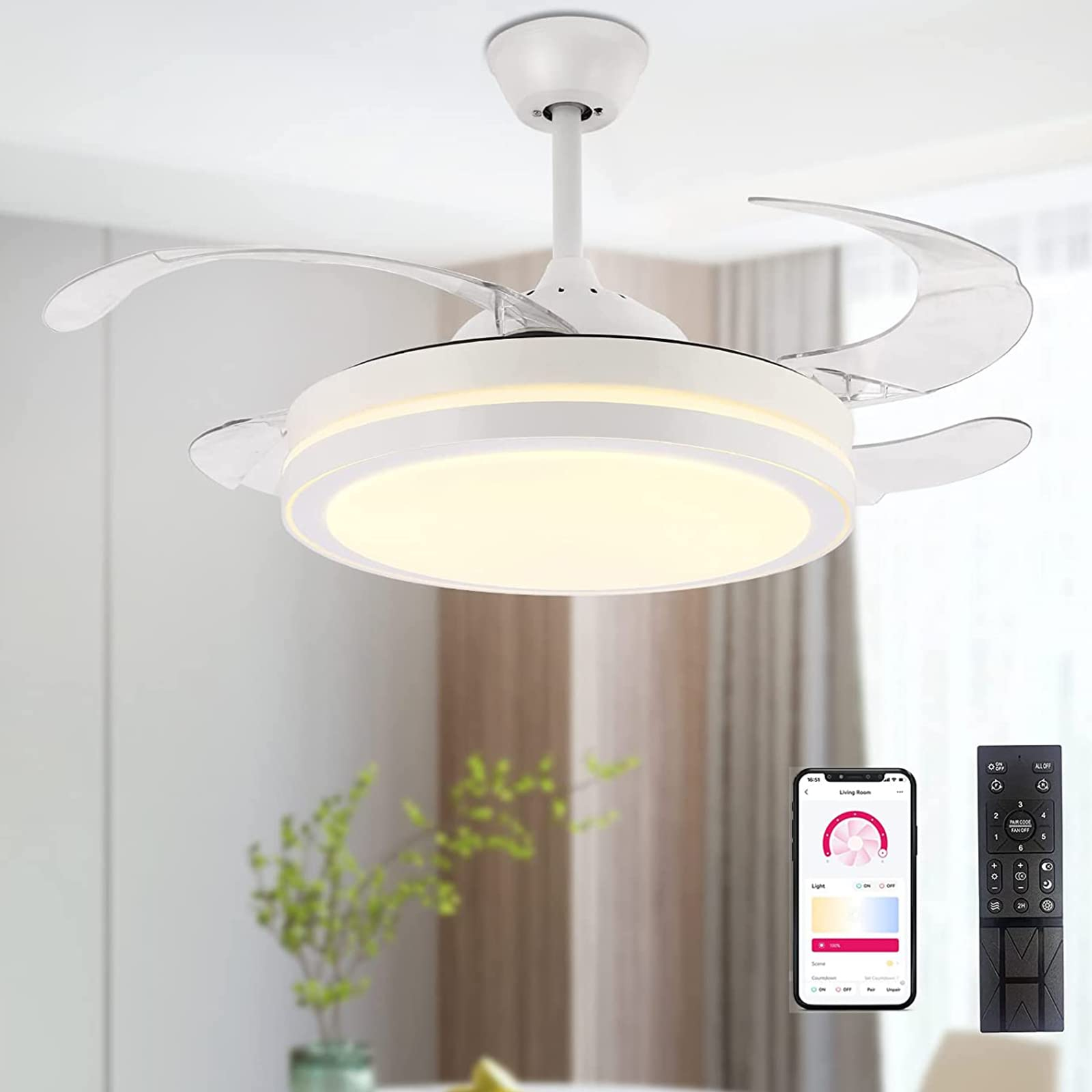 Sterren 42 Inch Retractable Ceiling Fans With Lights,Modern Bladeless ... within Maximizing Bedroom Space with White Ceiling Fans That Combine Light and Ventilation