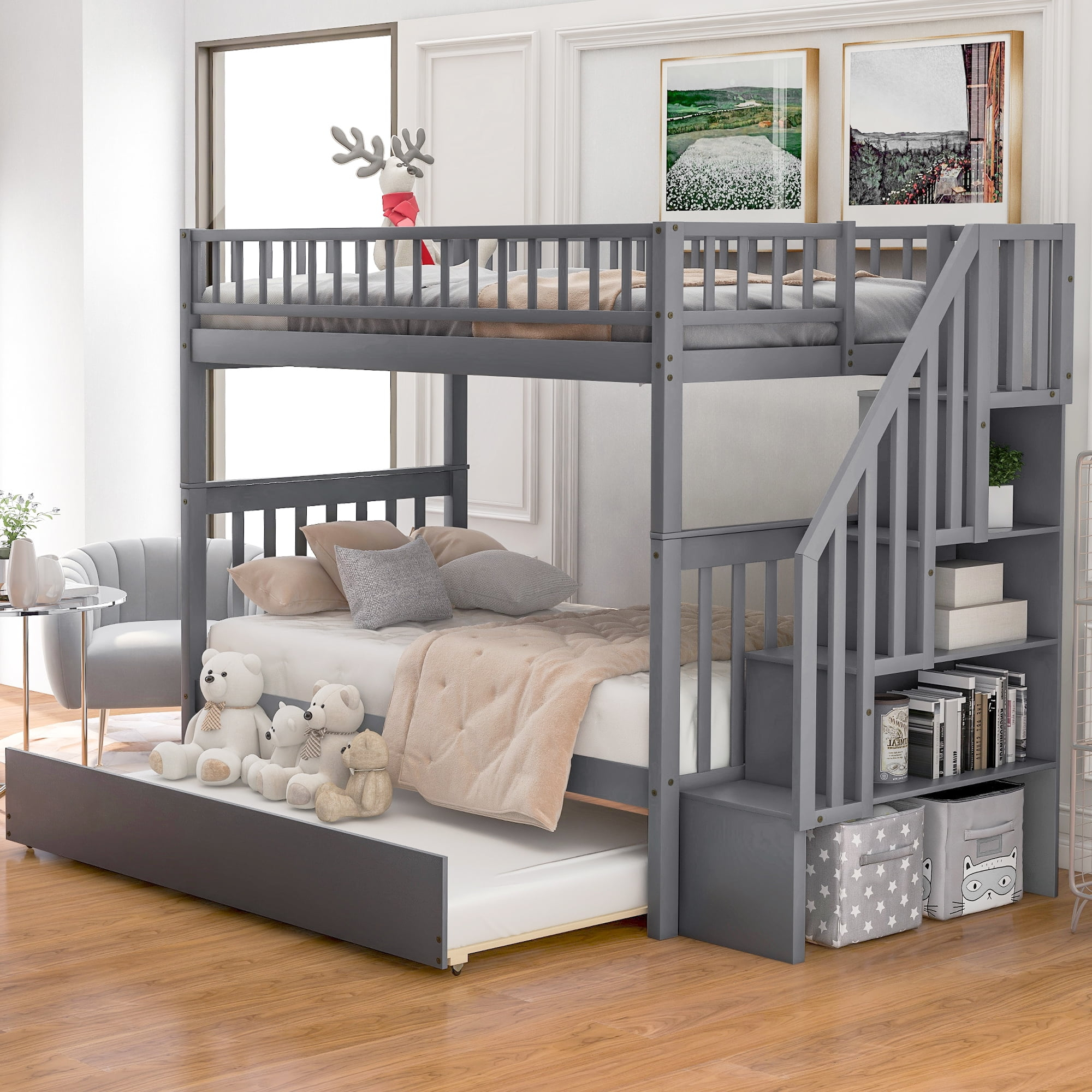 Twin Over Twin Bunk Bed With Trundle And Storage Space, Convertible 3 ... throughout How to Select the Best Bunk Bed with Hidden Storage for Your Family