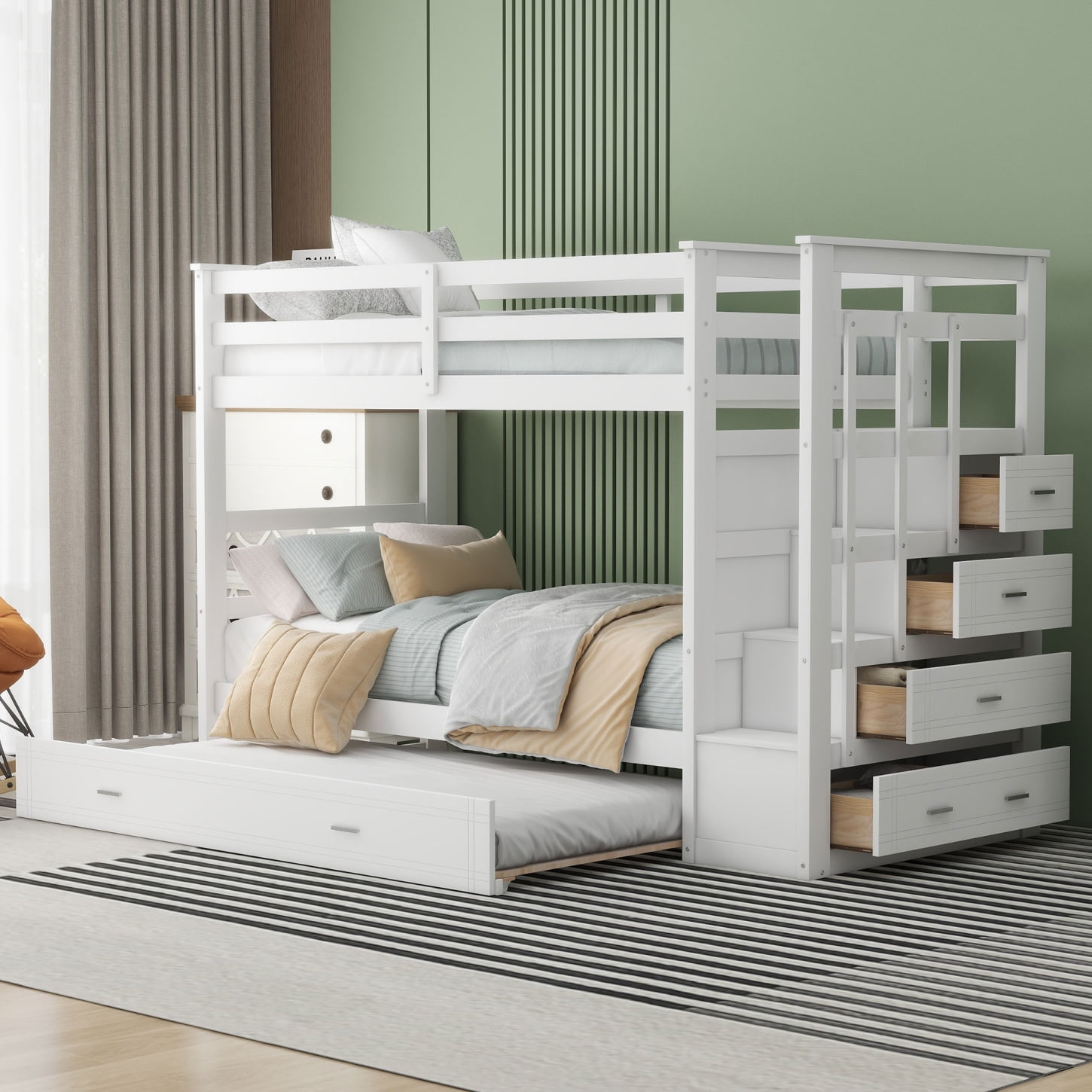 Twin Over Twin Bunk Bed With Trundle And Storage Staircase For Kids ... throughout Bunk Bed With Trundle And Storage