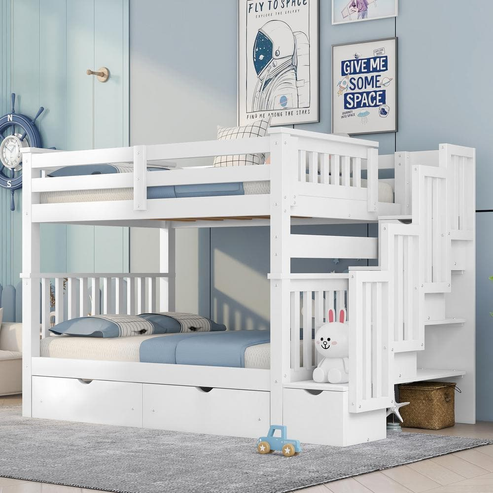 Urtr White Full Over Full Bunk Beds With 6 Drawers, Stairway Bunk Bed ... intended for White Full Over Full Bunk Beds