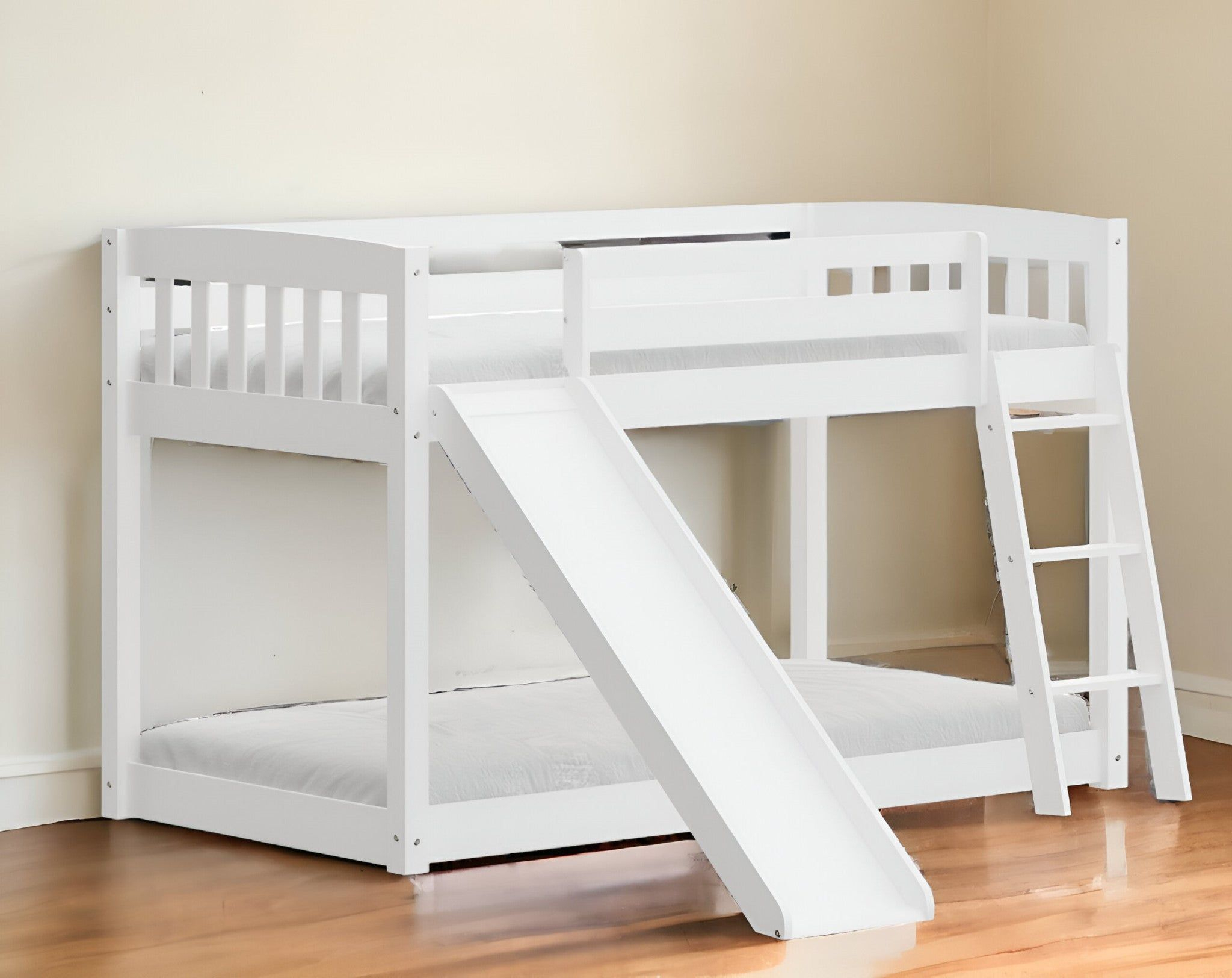 White Twin Over Twin Solid Wood Bunk Bed With Slide And Ladder | Wood ... intended for White Loft Bed With Slide