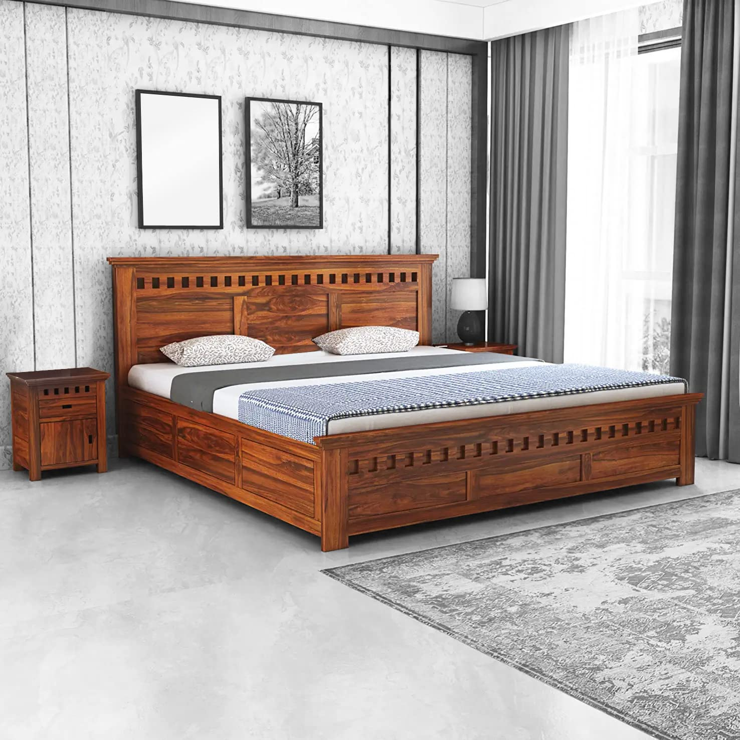 Wooden Craftico Sheesham Wood King Size Double Bed With Box Storage For ... inside Wooden King Size Bed With Storage