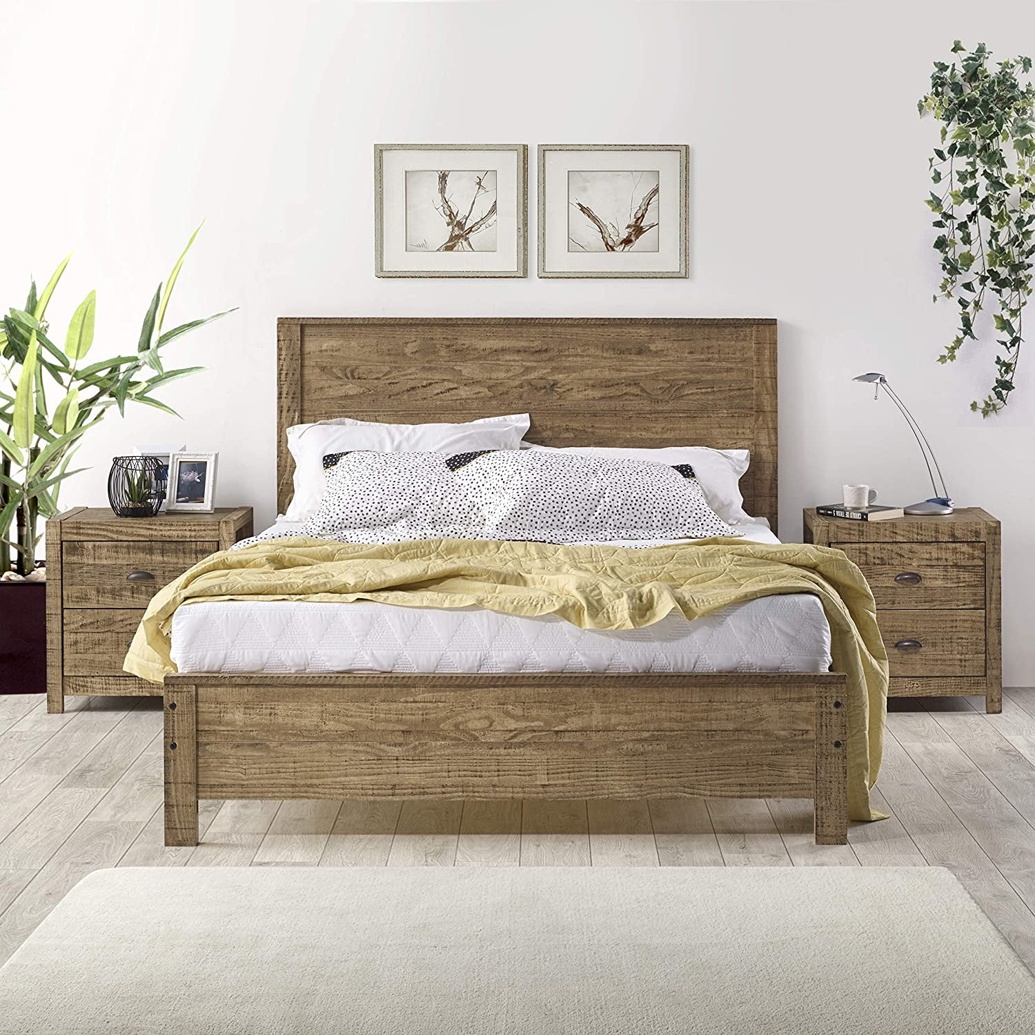 Yes4Wood Solid Wood Queen Bed Frame With Headboard, Heavy Duty Modern ... throughout Rustic Wood Queen Bed Frame
