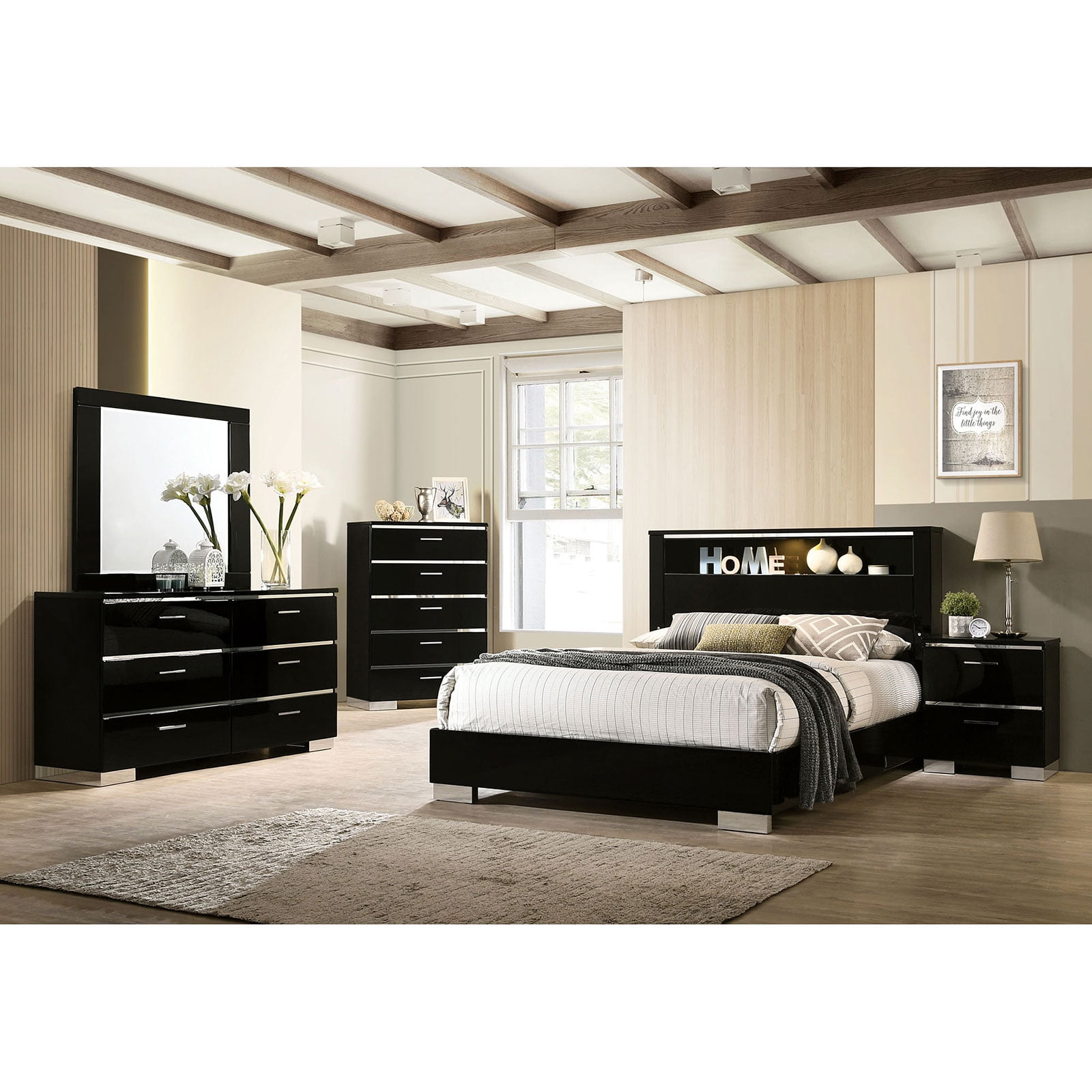 5Pcs Bedroom Queen Size Bed Set Black High Gloss Lacquer Solid Wood ... inside Black Queen Size Bed Set