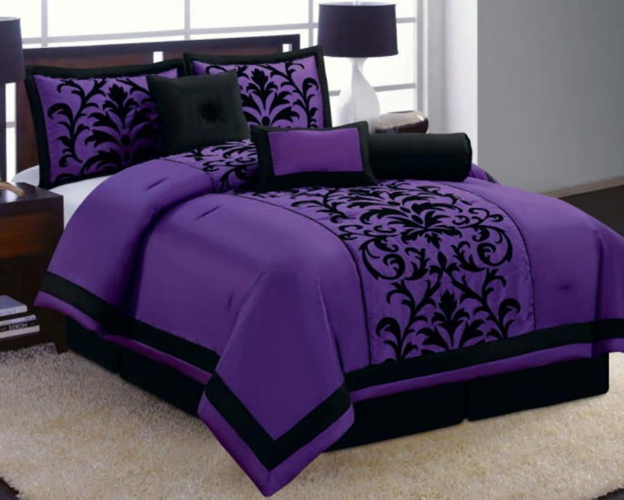7 Pc Purple Black Luxury Flocking Comforter Set Queen Size New | Purple ... regarding Creating a Stunning Black and Purple Bed Set That Transforms Your Bedroom