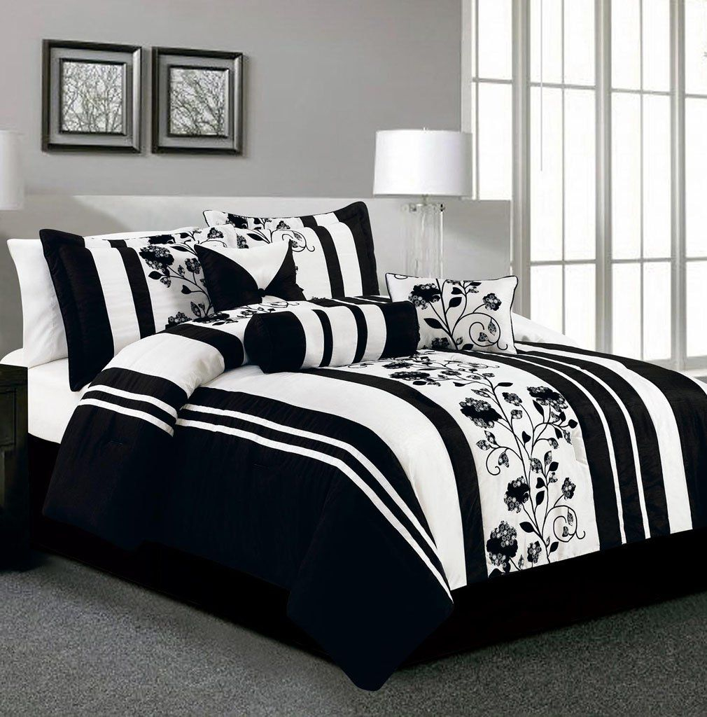 7 Piece Queen Rianna Black And White Comforter Set | White Bed Set ... for Black and white bed linen trends that will last beyond this season