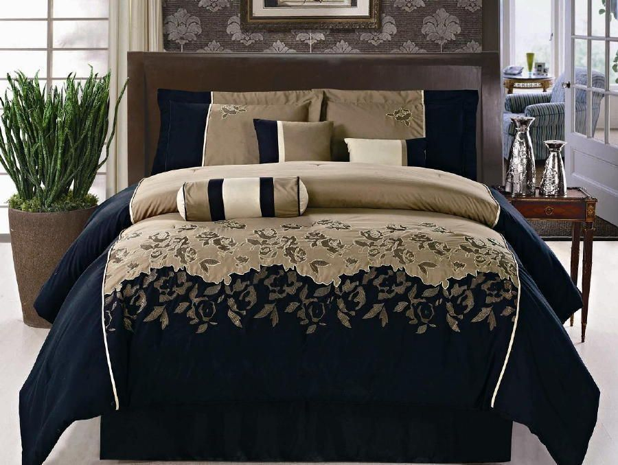 7Pc Comforter Set Brown Black Beige Embroidery King Size Bed In A Bag ... in Black and Brown Bed Sets That Celebrate Heritage While Embracing Modern Comfort