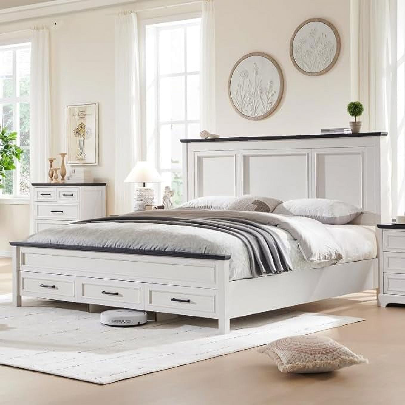 "Accohoho Farmhouse King Size Bed Frame With 52"" Tall Headboard, 3 ... throughout How to Choose the Right King Size Wooden Storage Bed Frame for Your Space