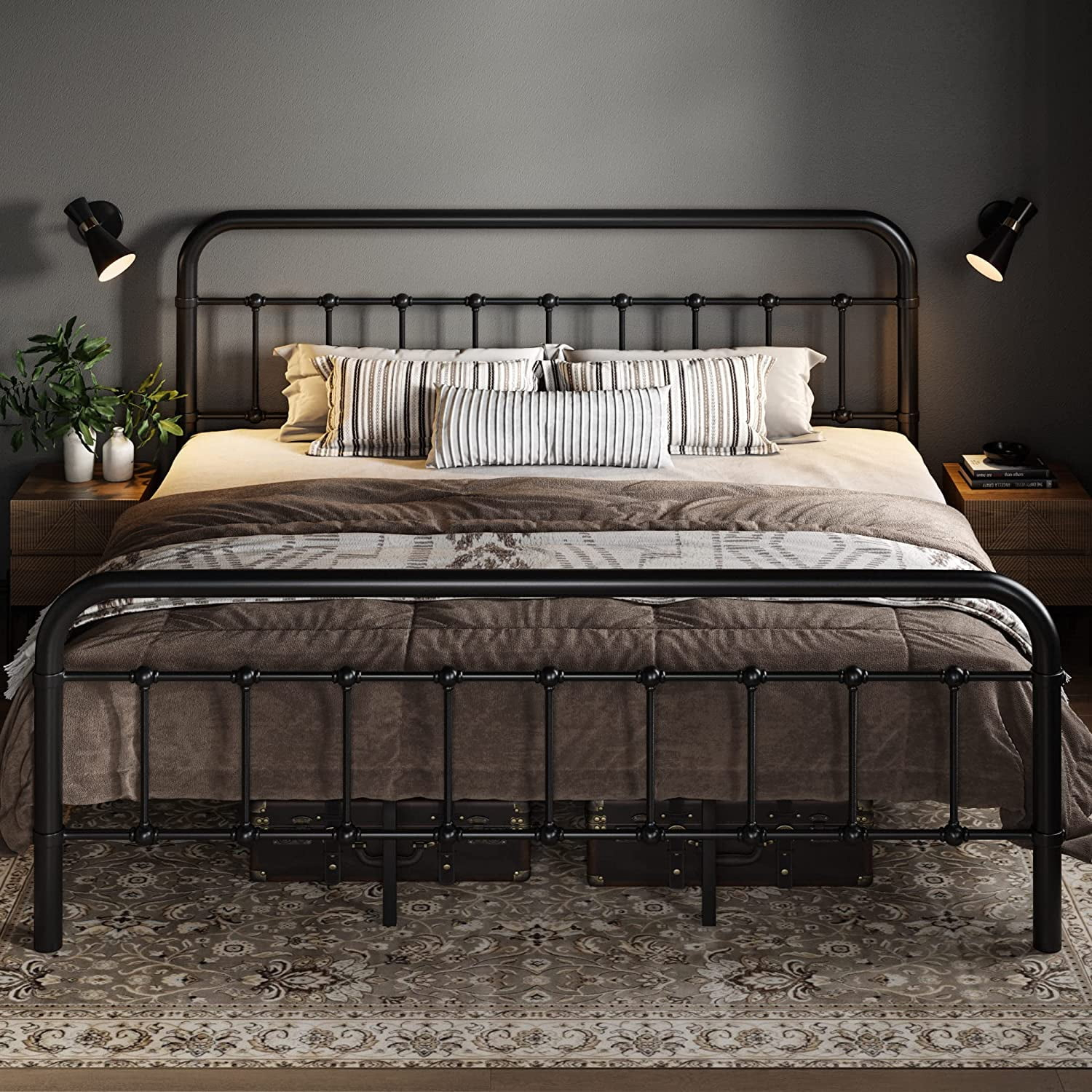 Allewie King Size Metal Platform Bed Frame With Victorian Style Wrought ... with Metal Platform King Bed Frame