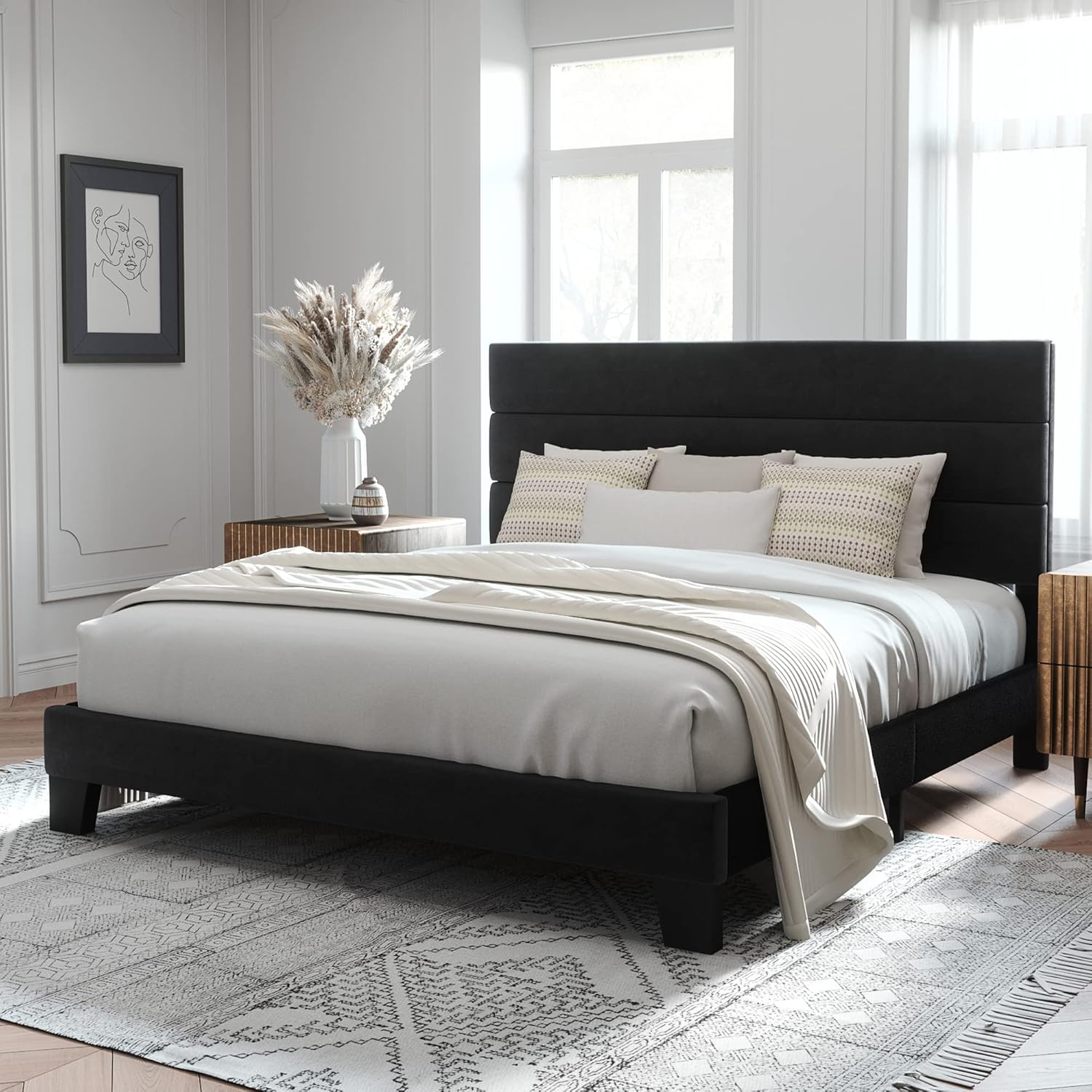 Allewie King Size Platform Bed Frame With Velvet Upholstered Headboard ... with regard to Understanding the Best Black Bed Frame California King Options for Your Bedroom