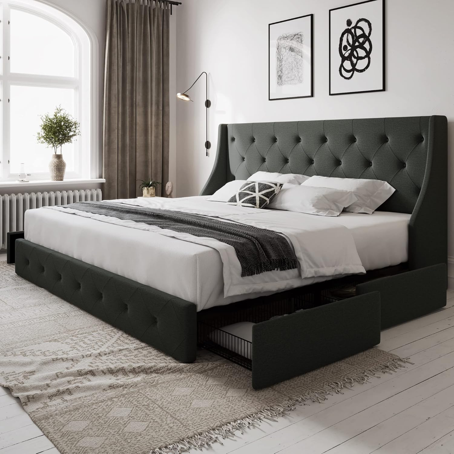 Allewie Queen Bed Frame With 4 Storage Drawers And Wingback Headboard ... inside Queen Storage Bed Frame With Headboard