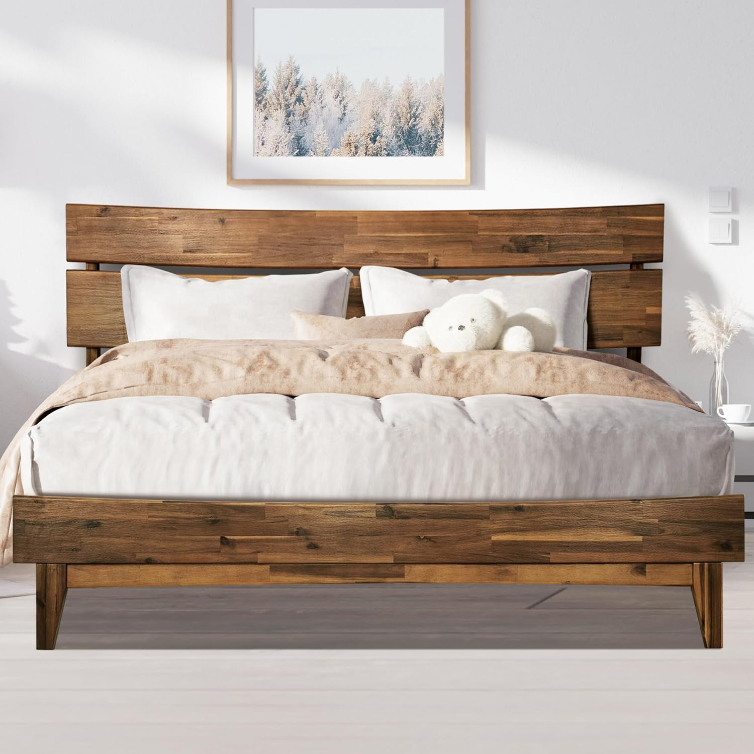 Amazon.com: Acacia Aurora Solid Wood Bed Frame With Headboard, Wood Bed ... intended for King Size Bed Wood Frame