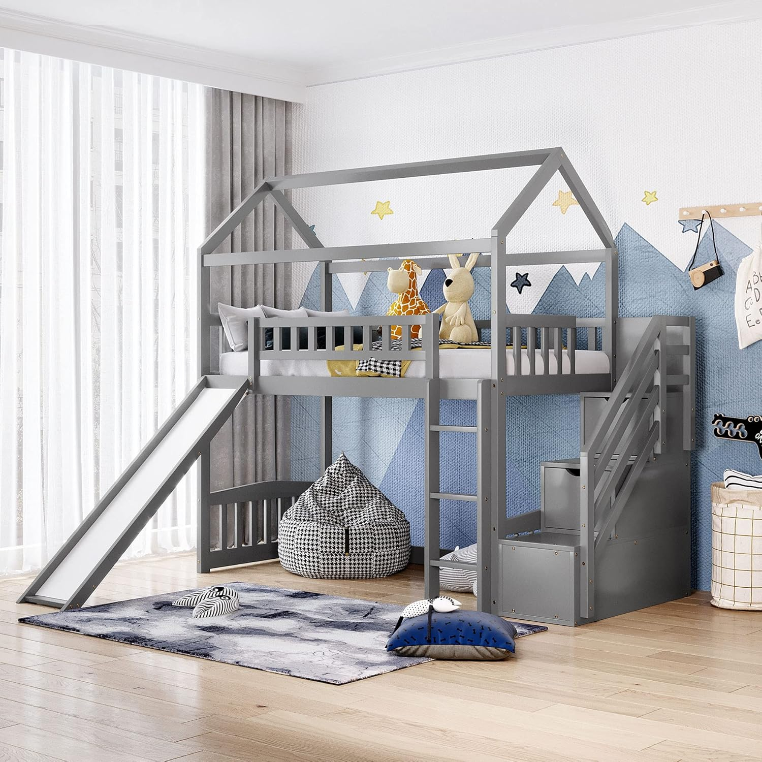 Amazon.com: Actual Wood Twin Loft Bed With Slide For Kids, House Loft ... for Creative storage ideas integrated into loft bed slide designs for kids