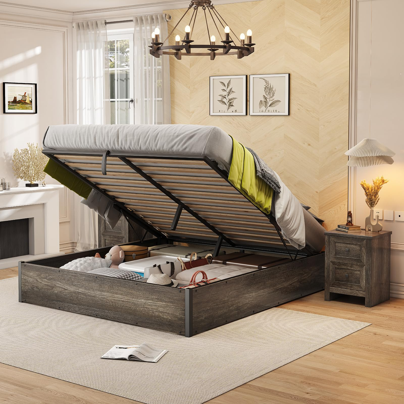 Amazon.com: Amerlife Lift Up Storage Bed, Queen Bed Frame With Storage ... in Platform Bed Frame Storage Queen