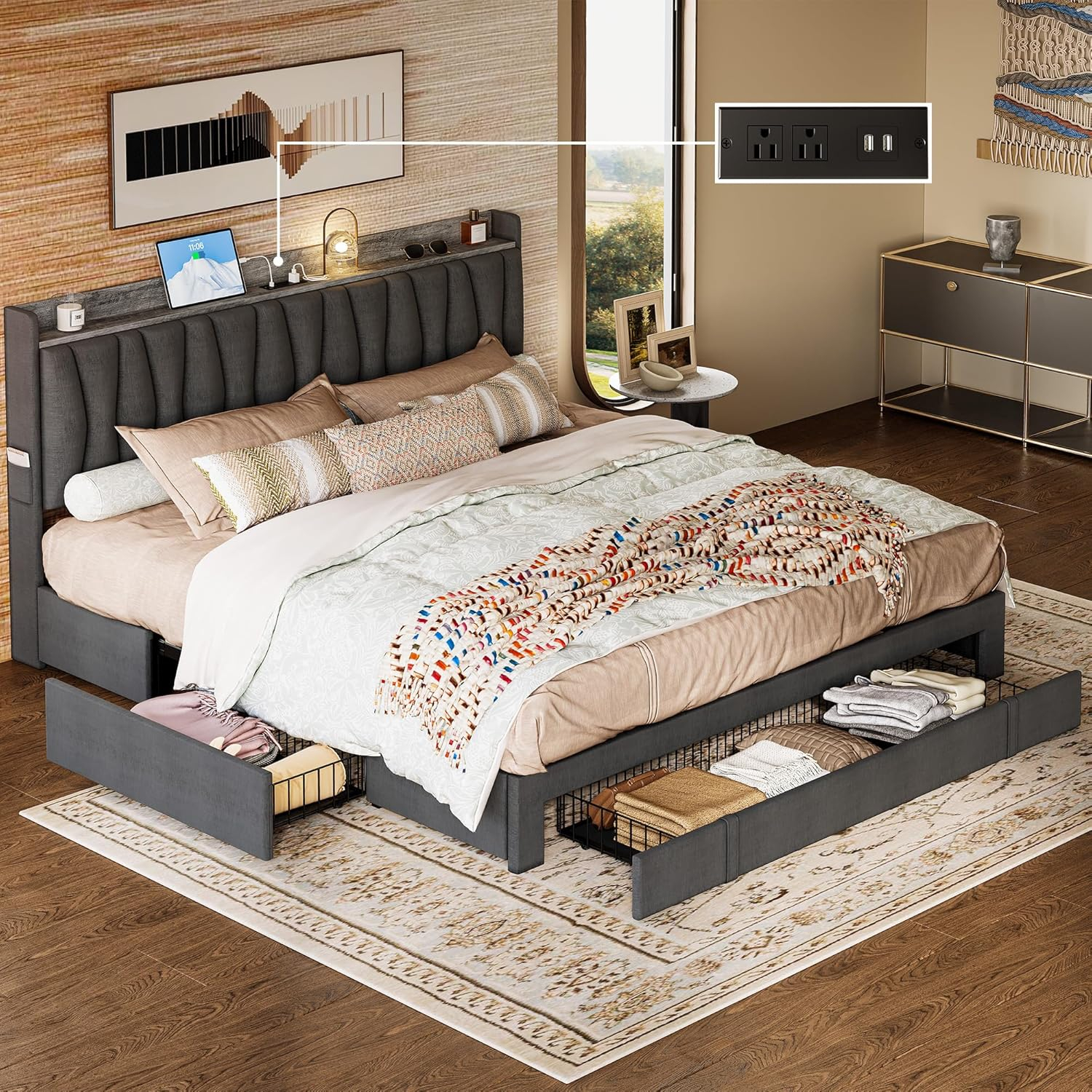 Amazon.com: Anctor King Size Bed Frame With Storage Headboard And ... for The ultimate guide to choosing the right king platform bed with hidden storage solutions