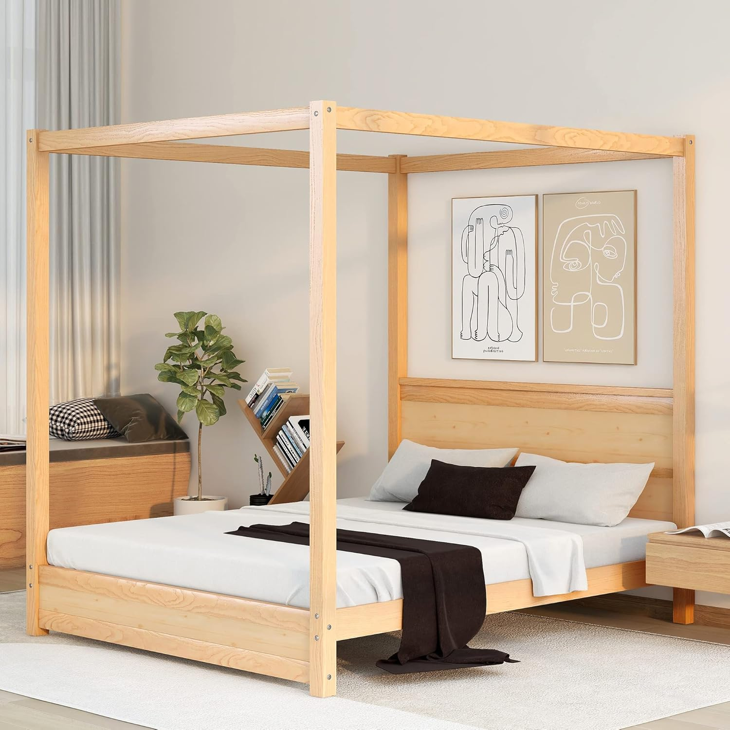 Amazon.com: Bellemave Canopy Bed Frame Queen Wood 4-Poster Panel Beds ... for Wooden 4 Poster Bed Frame