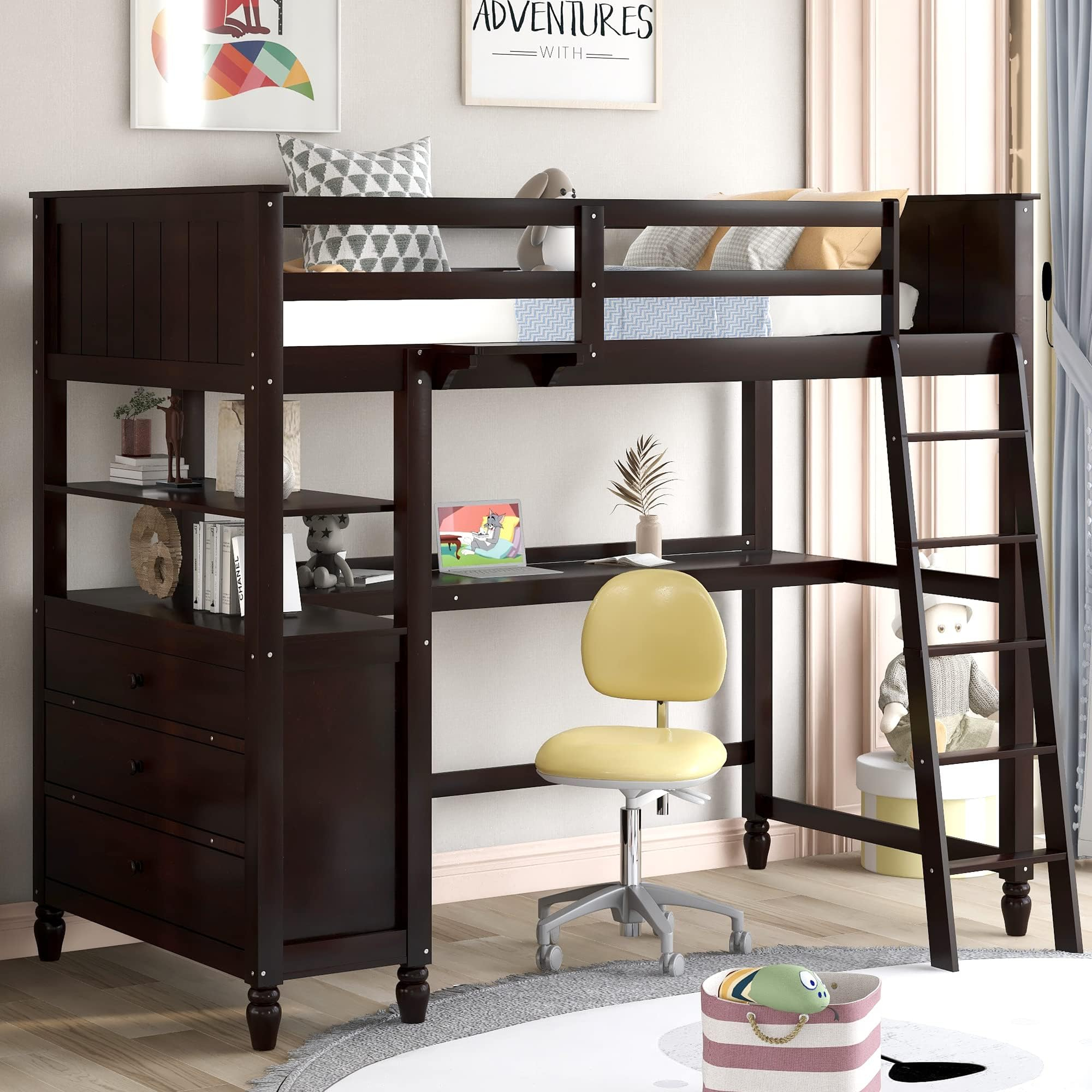 Amazon.com: Bellemave Twin Loft Bed With Desk And Storage Drawers, Wood ... with Twin Loft Bed With Dresser