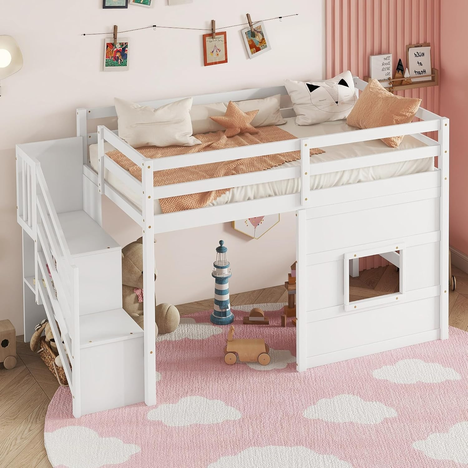 Amazon.com: Bellemave Twin Size Low Loft Bed With Stairs, Kids Loft Bed ... inside How to Choose the Right Loft Bed with Stairs for Your Child