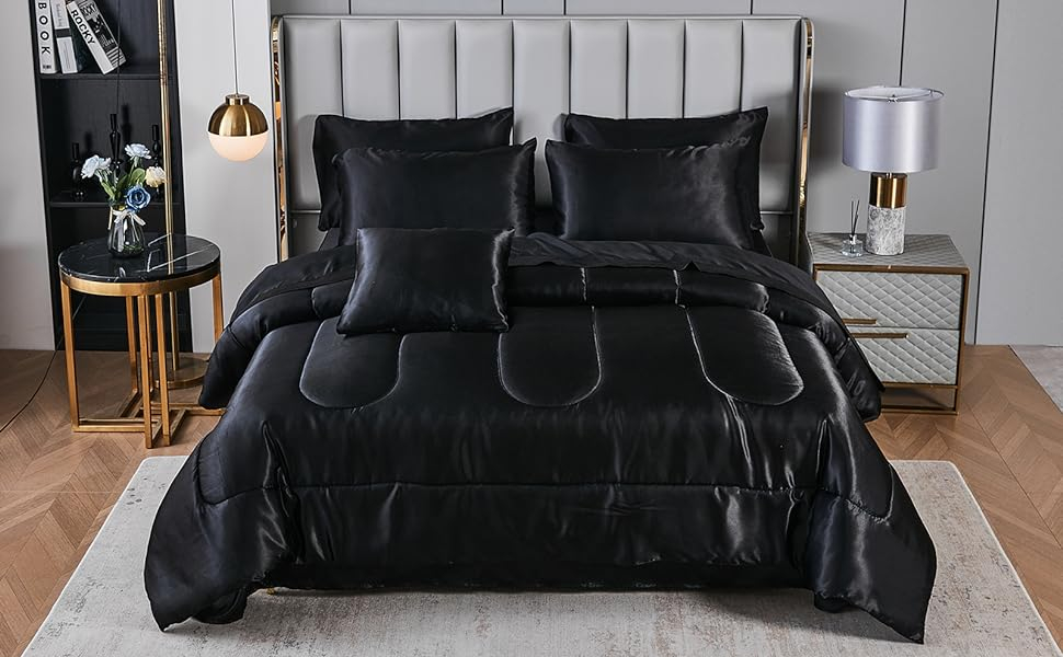 Amazon.com: Black Silky Comforter Set Satin Queen Bed In A Bag 8 Pieces ... inside Black Silk Queen Bed Set