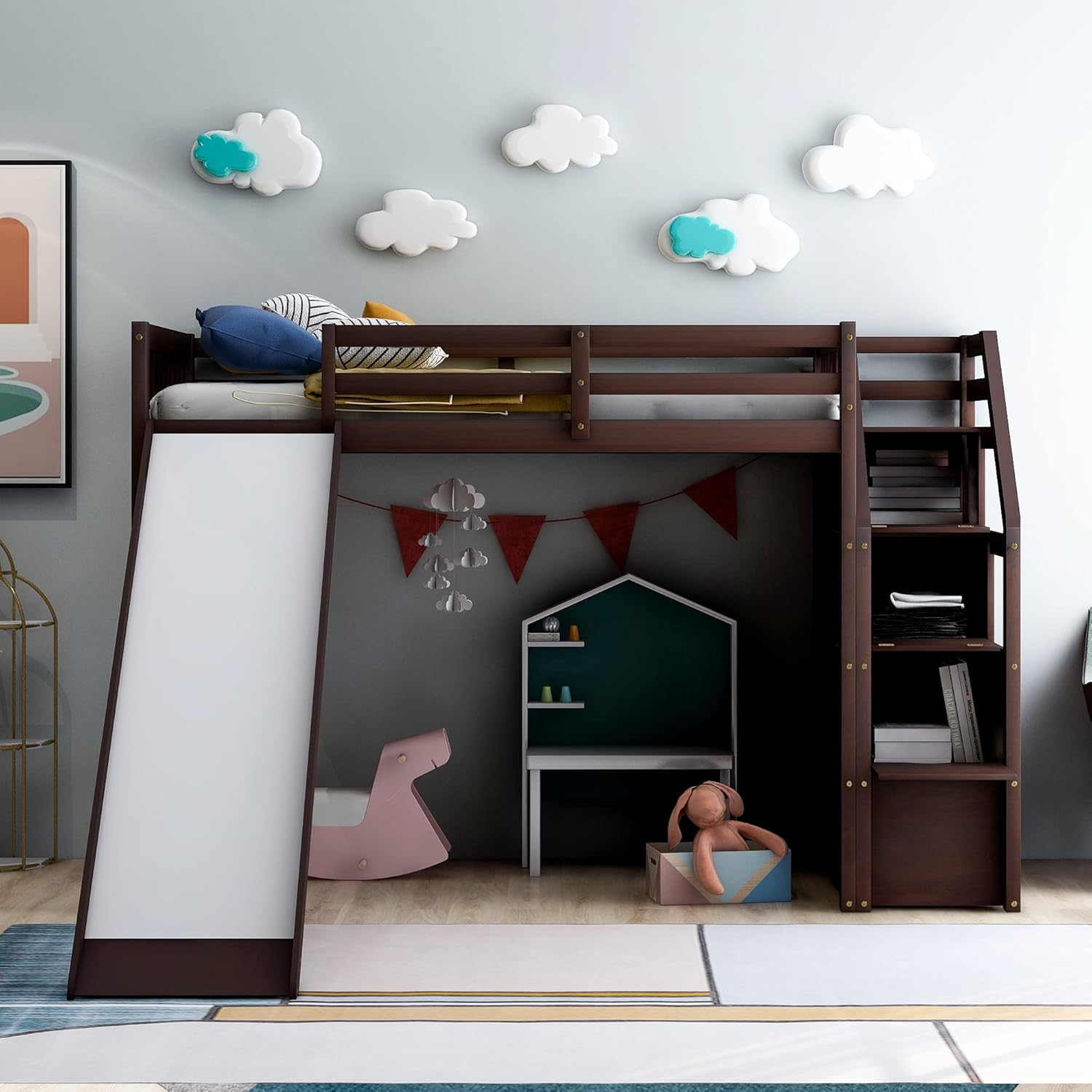 Amazon.com: Bovza Twin Size Loft Bed With Storage Stairs And Slide ... in Kids Loft Bed With Stairs