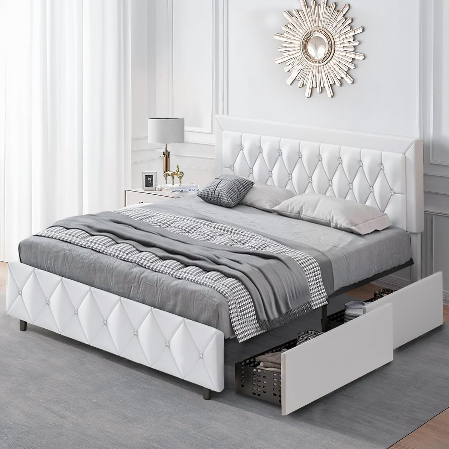 Amazon.com: Chabuildreark White Queen Bed Frame With 4 Storage Drawers ... inside White Bed Frame For Queen