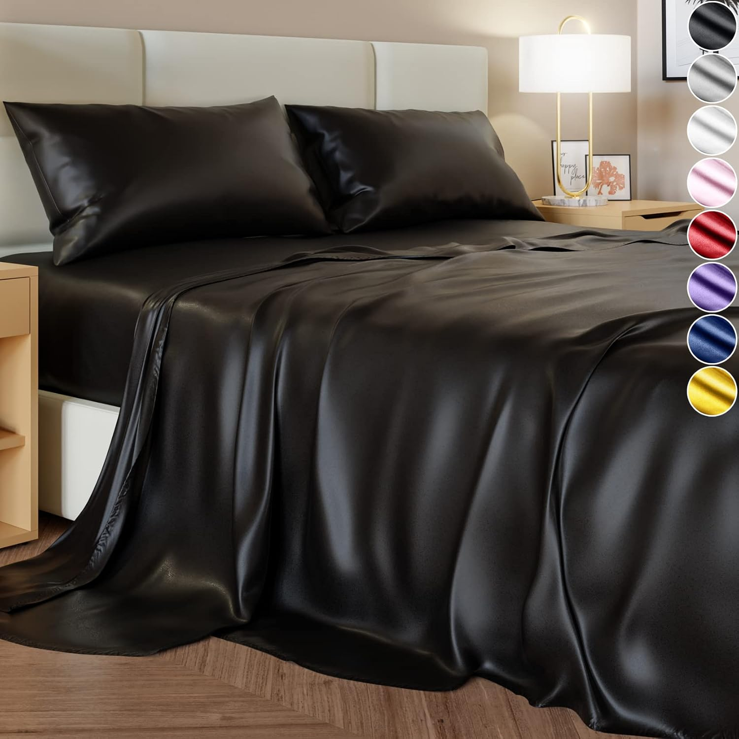 Amazon.com: Decolure Satin Sheets, Silky Satin Sheet Set, Satin Bed ... in How Black Silk Bed Sheets Enhance Sleep Quality and Comfort