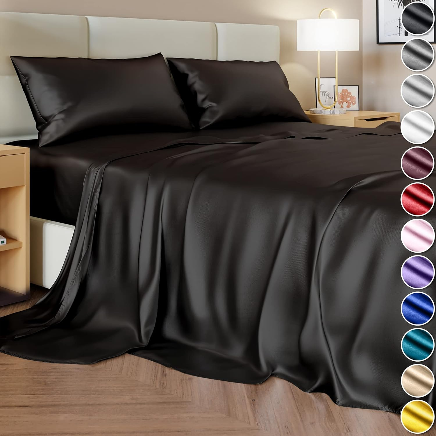 Amazon.com: Decolure Silky Satin Bed Sheets Set, (Queen Size) Black ... throughout How Black Silk Bed Sheets Enhance Sleep Quality and Comfort