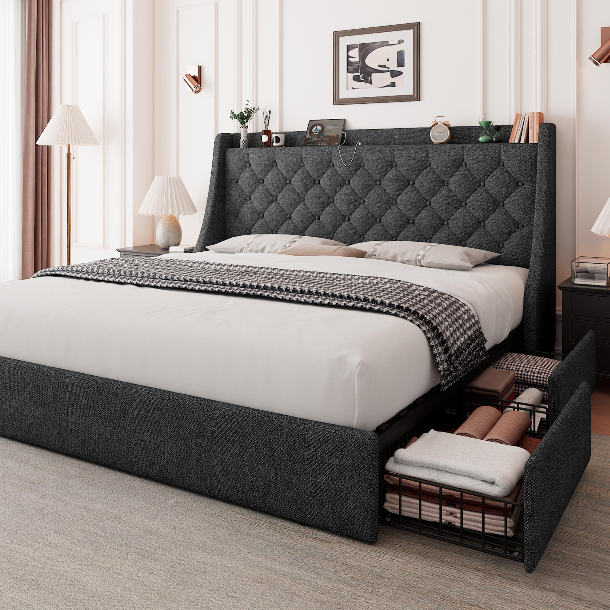 Amazon.com: Feonase Queen Bed Frame With 4 Storage Drawers, Upholstered ... regarding How to Choose the Right Queen Storage Bed Frame with Headboard for Your Space