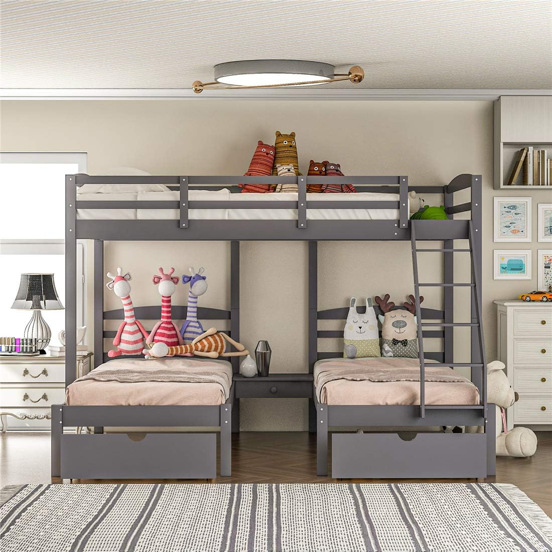 Amazon.com: Full Over Twin & Twin Bunk Bed, Wood Triple Bunk Bed For 4 ... pertaining to Twin Mattress For A Bunk Bed