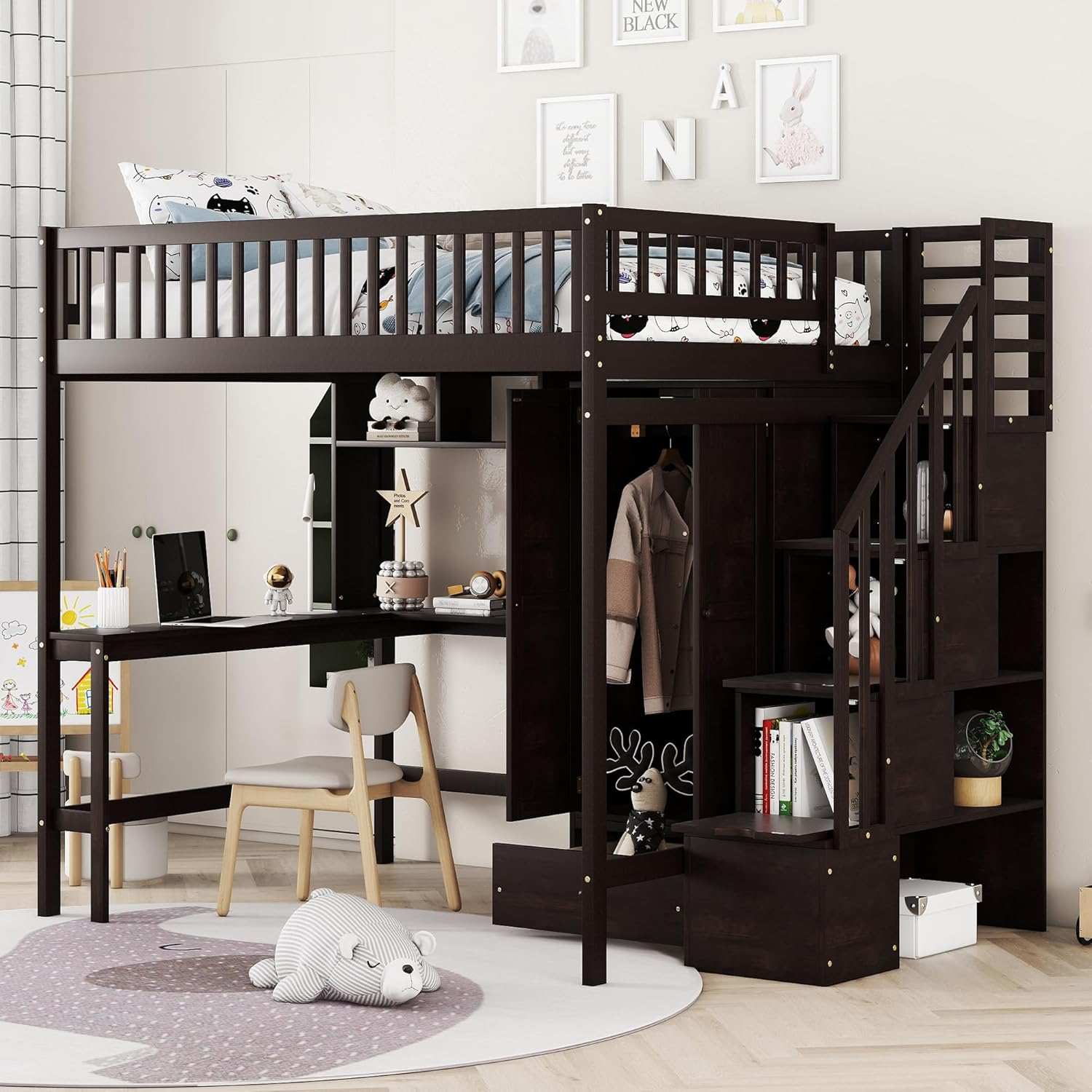 Amazon.com: Full Size Loft Bed With Desk, Wardrobe, High Loft Bed Frame ... regarding Wood Loft Bed With Storage