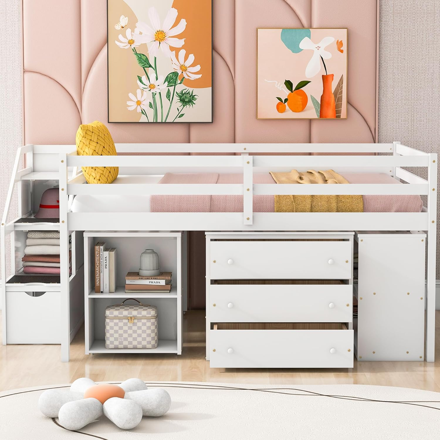 Amazon.com: Full Size Low Loft Bed With Stairs And Rolling Desk, Wood ... intended for Loft Bed With Storage Drawers