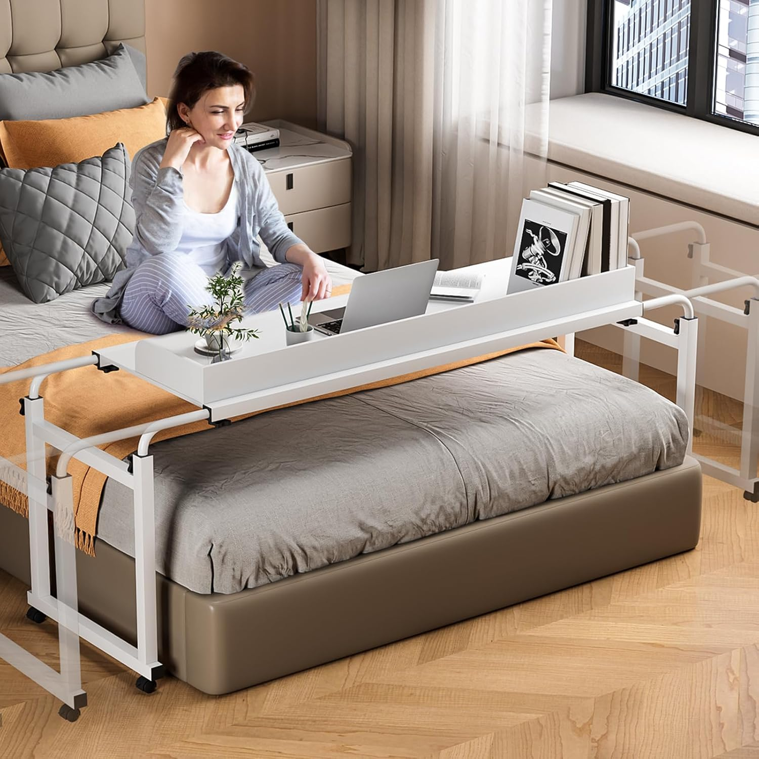 Amazon.com: Funrautz Adjustable Height Overbed Table, Rolling Overbed ... for Medical Overbed Table With Wheels