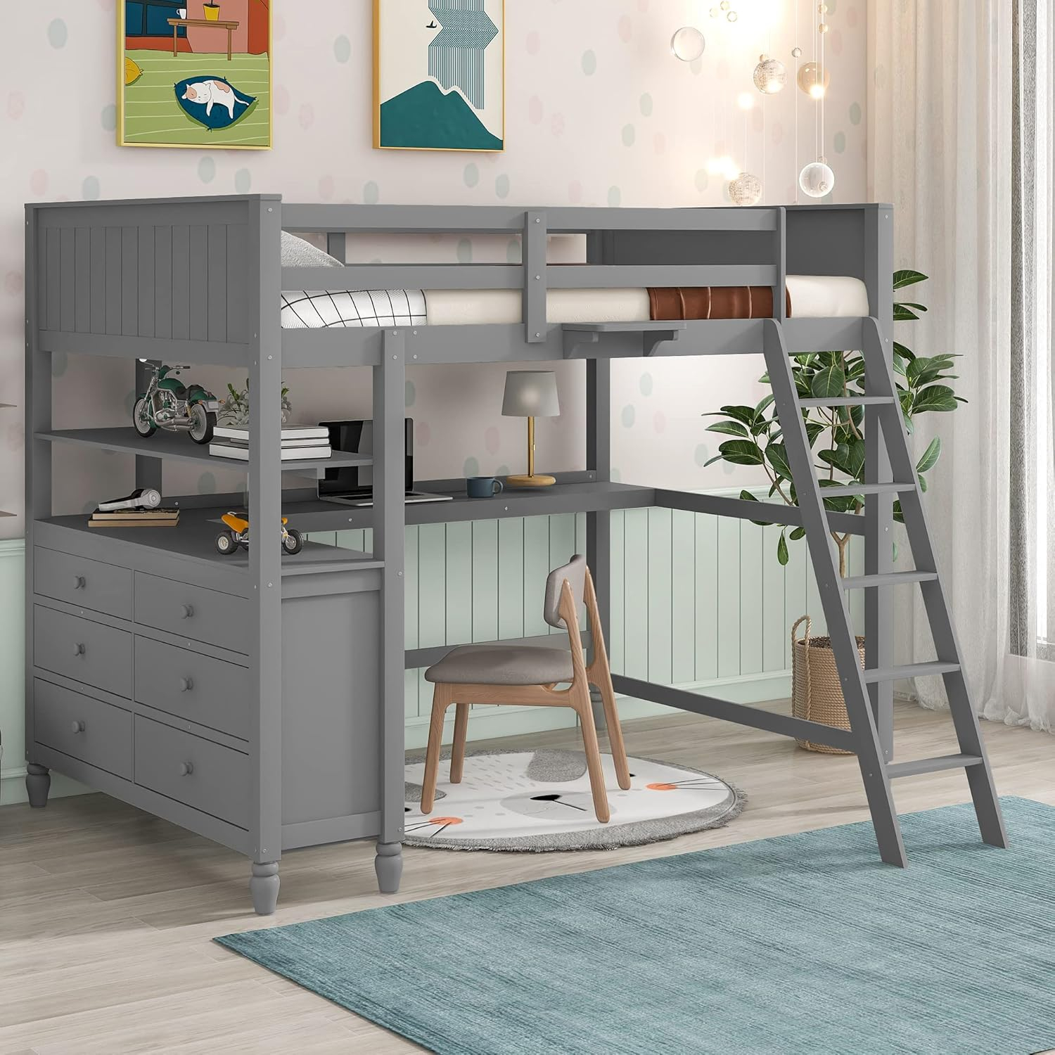 Amazon.com: Harper & Bright Designs Full Loft Bed With Desk And 6 ... within Full Loft Bed With Desk And Storage