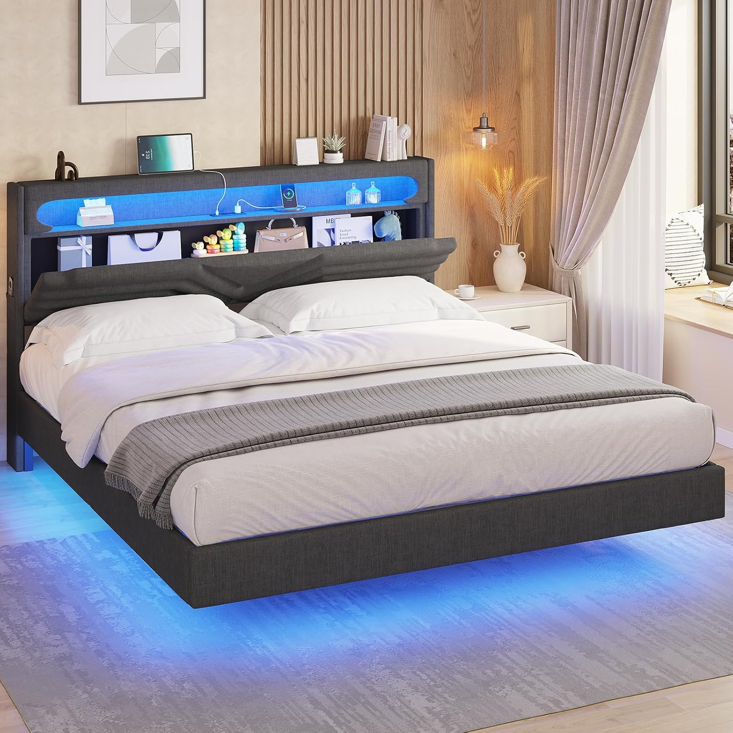 Amazon.com: Hauoms Full Floating Bed Frame With Led Light Headboard ... in Bedroom Set With Lights In Headboard
